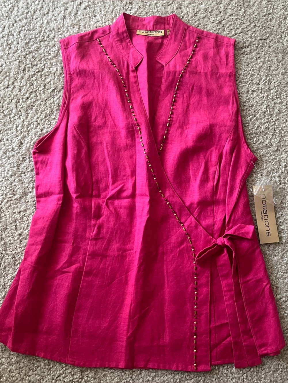 Notations Women's Pink Linen Blend Sleeveless Warp Tunic Top Size 1X NWT Beaded
